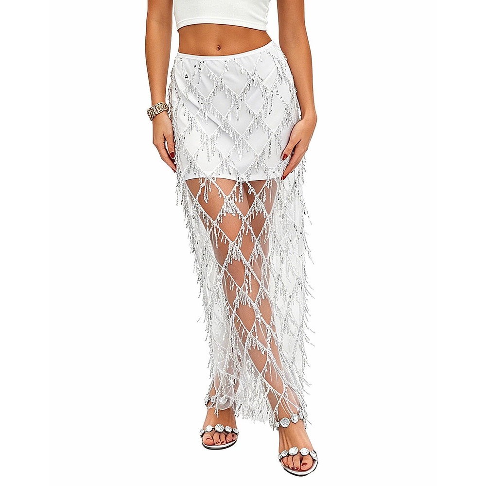 NWT Vaenqazi Women's Sequin Fringe Maxi Pencil Skirt White Large